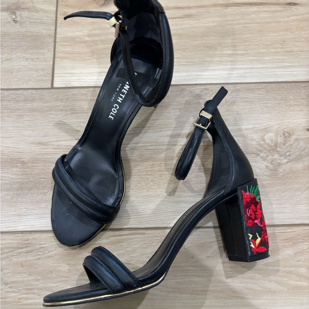 black embroidered block heels